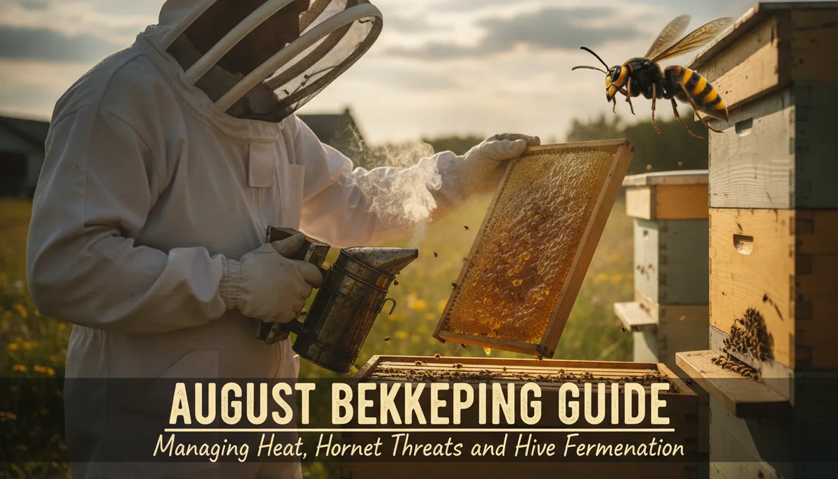 August Beekeeping Guide: Managing Heat, Hornet Threats, and Hive Fermentation visual summary