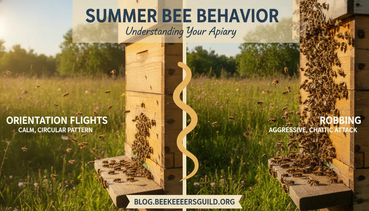 Orientation Flights vs. Robbing: Understanding Summer Bee Behavior in Your Apiary visual summary